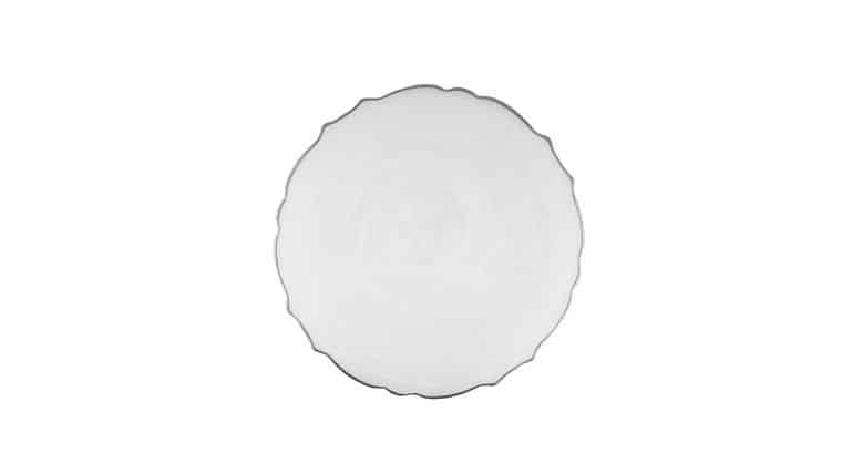 Scallop Glass Charger Plate with Silver Rim – White | Rental Scallop Glass Charger Plate with Silver Rim – White | Rental