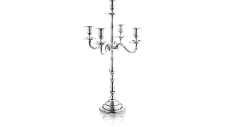 24 Inch Silver 5 Candle Candelabra - Classic Elegant Design - Wedding, Dinner Party And Formal Event Centerpiece - Nickel Plated Aluminum, Mirrored Finish | Rental