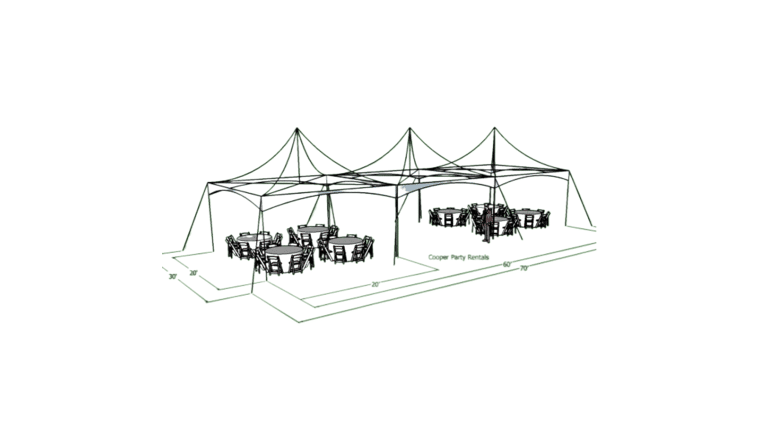 Package – 64 Guest High Peak Tent Package – 400 sq ft Bonus Space – Round Tables – I Layout | Rental Package – 64 Guest High Peak Tent Package – 400 sq ft Bonus Space – Round Tables – I Layout | Rental