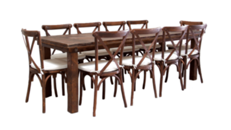 Package – 1 (8′) Mahogany Farm Table With 10 Cross-Back Chairs Package | Rental