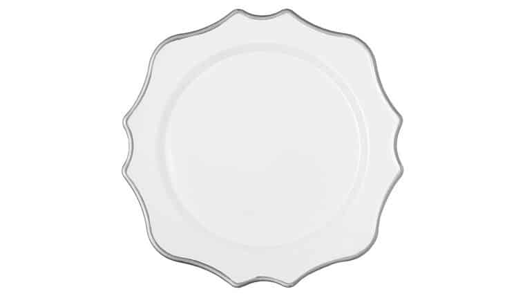 Lotus Scalloped Acrylic Charger Plate – White/Silver Trimmed | Rental Lotus Scalloped Acrylic Charger Plate – White/Silver Trimmed | Rental