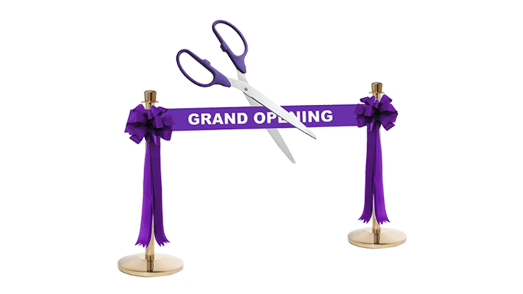 25″ Deluxe Grand Opening Kit – Purple/Silver Ceremonial Ribbon Cutting Scissors with 5 Yards of 6″ Red Grand Opening Ribbon, 2 Red Bows and 2 White Plastic Stanchions | Rental 25″ Deluxe Grand Opening Kit – Purple/Silver Ceremonial Ribbon Cutting Scissors with 5 Yards of 6″ Red Grand Opening Ribbon, 2 Red Bows and 2 White Plastic Stanchions | Rental