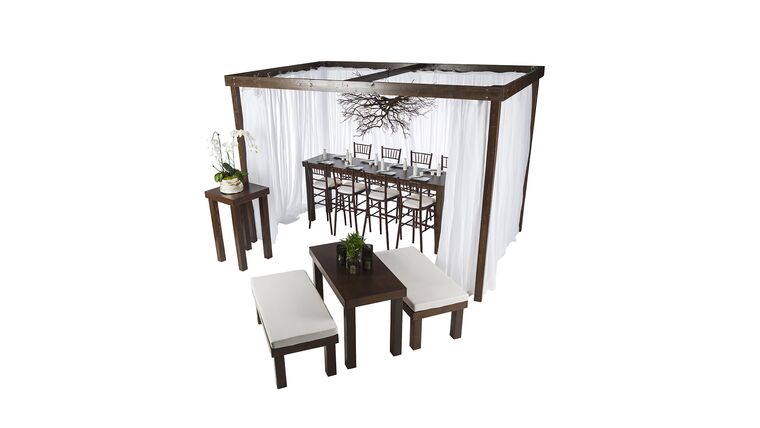 Cabana – 12’L x 12’w x 8’h Rustic Wood Cabana w/Sheer Drapes | Rental