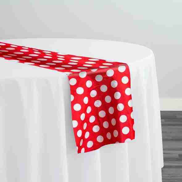 Satin Polka Dot Table Runner in White and Red | Rental