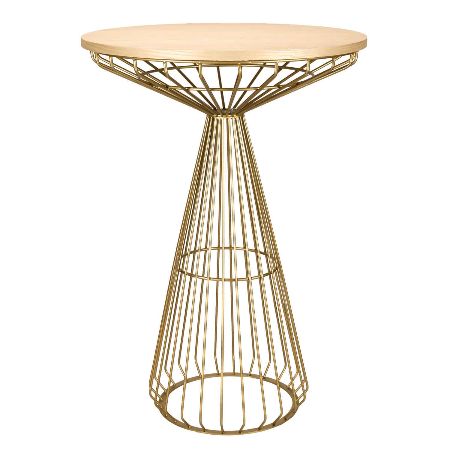Gold Wire Cocktail Table with Natural Oak 32" Top and Elegant Gold Steel Base | Rental