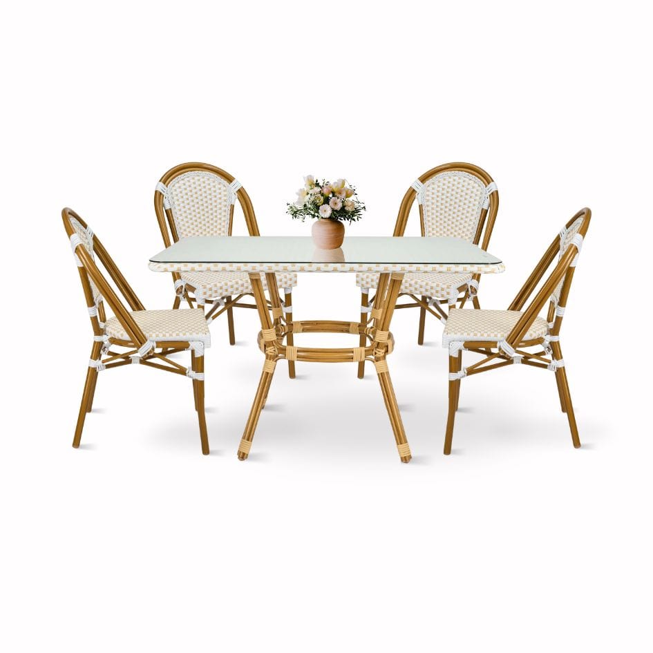 White and Beige French Bistro Set Includes 48″ x 36″ Table and 4 Chairs | Rental