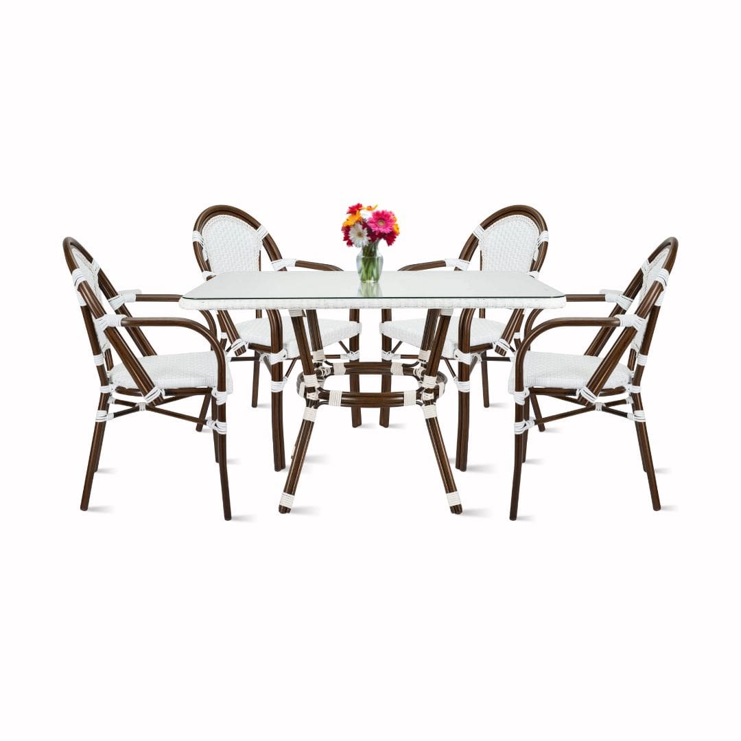 White French Bistro Set Includes 48″ x 36″ Table and 4 Chairs with Arms | Rental