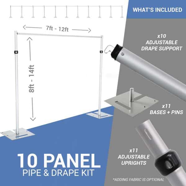 10-Panel Pipe and Drape Kit / Backdrop – 8-14 Feet Tall (Adjustable) | Rental 10-Panel Pipe and Drape Kit / Backdrop – 8-14 Feet Tall (Adjustable) | Rental