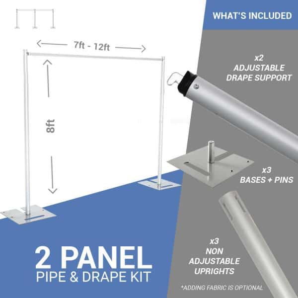 2-Panel Pipe and Drape Kit / Backdrop – 8ft Tall (Non-Adjustable – 1.5″ Break Apart Uprights) | Rental 2-Panel Pipe and Drape Kit / Backdrop – 8ft Tall (Non-Adjustable – 1.5″ Break Apart Uprights) | Rental