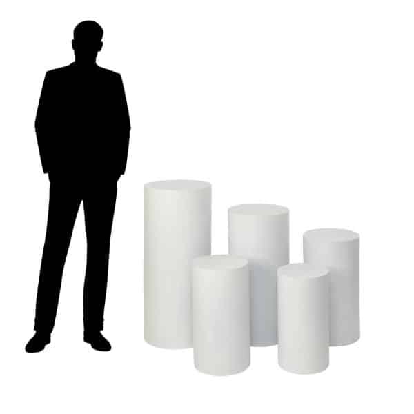 DecoStar™ 5 Piece Set Metal Cylinder Pedestals Display – White | Rental DecoStar™ 5 Piece Set Metal Cylinder Pedestals Display – White | Rental