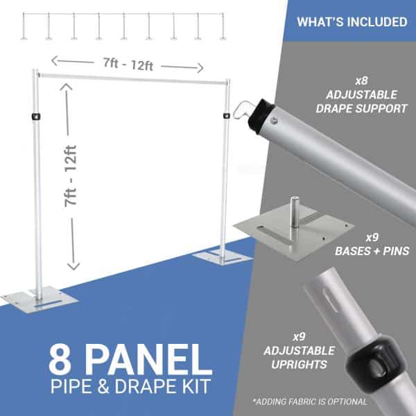 8-Panel Pipe and Drape Kit / Backdrop – 7-12 Feet Tall (Adjustable) | Rental