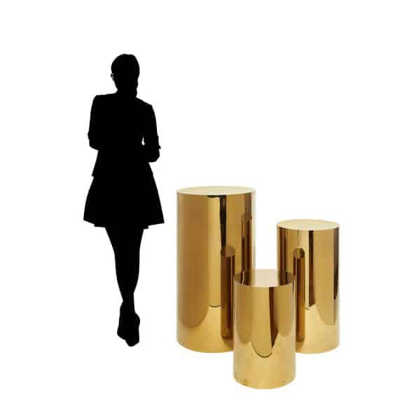 3 Piece Set of Metal Cylinder Pedestals Display – Gold | Rental 3 Piece Set of Metal Cylinder Pedestals Display – Gold | Rental
