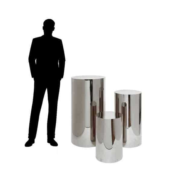 3 Piece Set of Metal Cylinder Pedestals Display – Silver | Rental 3 Piece Set of Metal Cylinder Pedestals Display – Silver | Rental