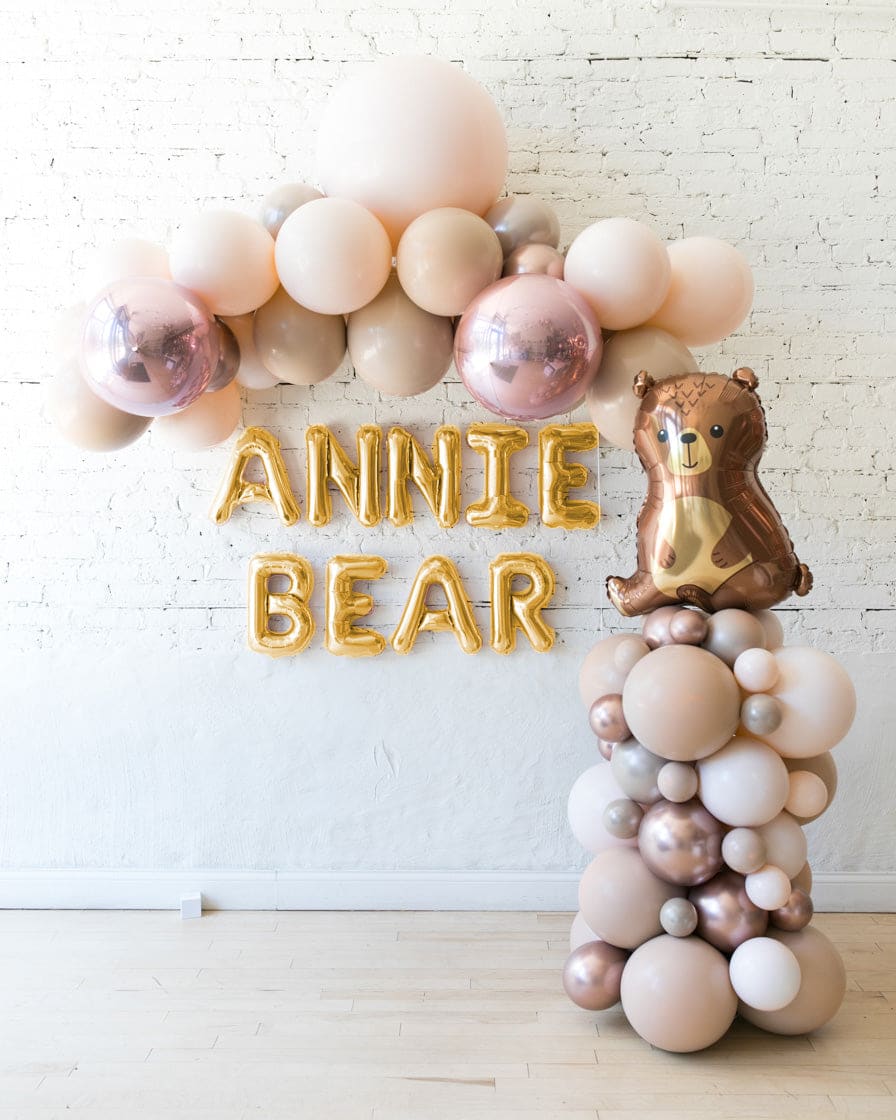 Glam Tan – Floating Arch, Letters & Balloon Column Set | Rental