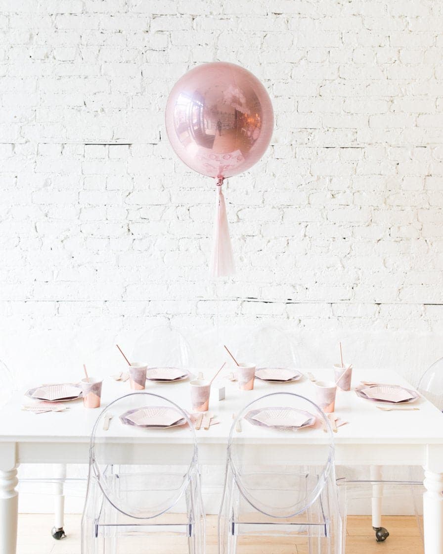 16in Rose Gold Orb Foil Balloon and Mauve Skirt Centerpiece | Rental 16in Rose Gold Orb Foil Balloon and Mauve Skirt Centerpiece | Rental