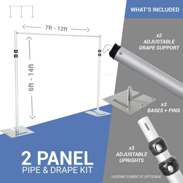 DELUXE-2 Panel Pipe and Drape Kit / Backdrop – 6-14 Feet Tall (Adjustable) Comes W/ 3 Piece Uprights for Maximum Height Adjustment | Rental DELUXE-2 Panel Pipe and Drape Kit / Backdrop – 6-14 Feet Tall (Adjustable) Comes W/ 3 Piece Uprights for Maximum Height Adjustment | Rental