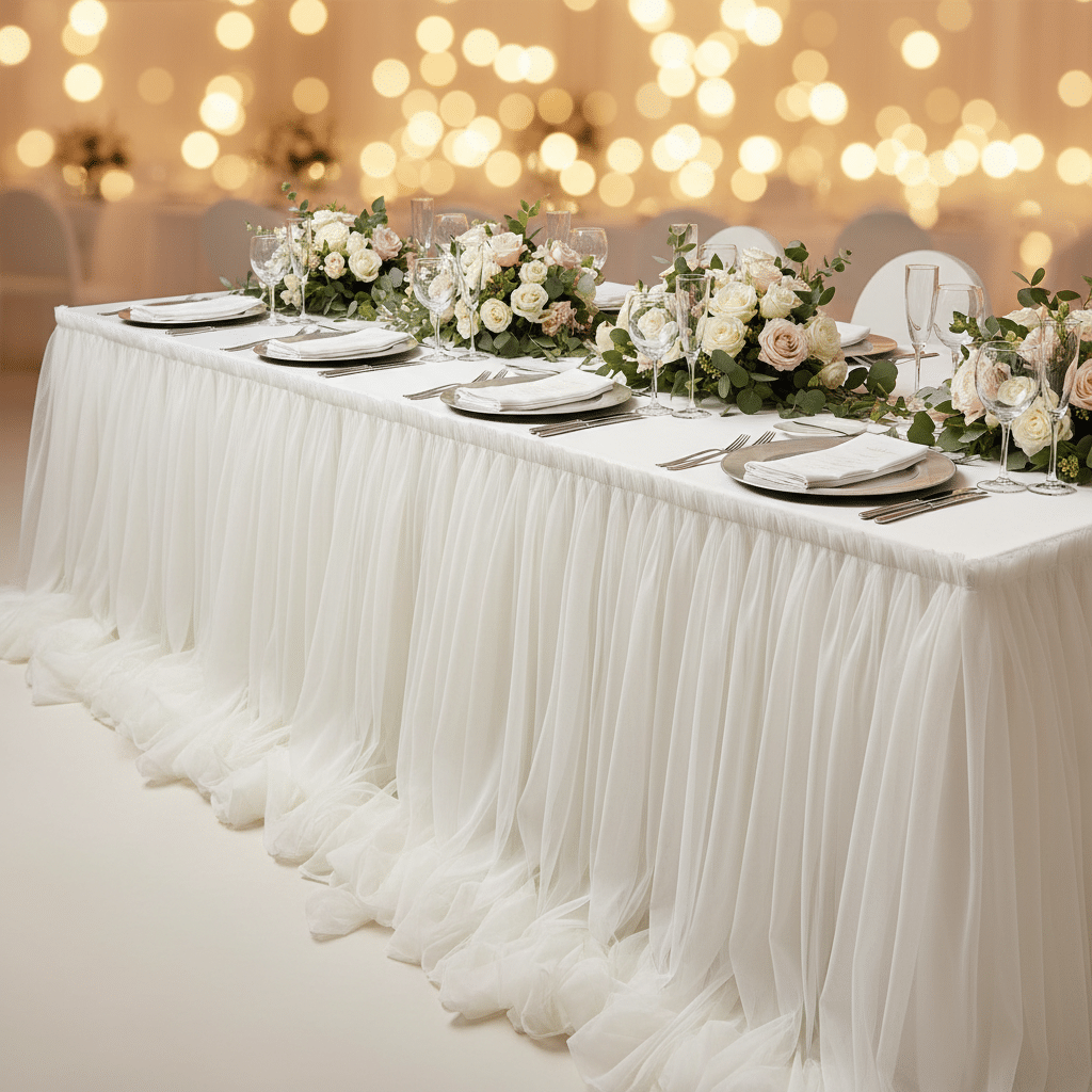 Chiffon Tulle Table Skirt Extra Long 57″ x 17ft – Ivory & White | Rental Chiffon Tulle Table Skirt Extra Long 57″ x 17ft – Ivory & White | Rental