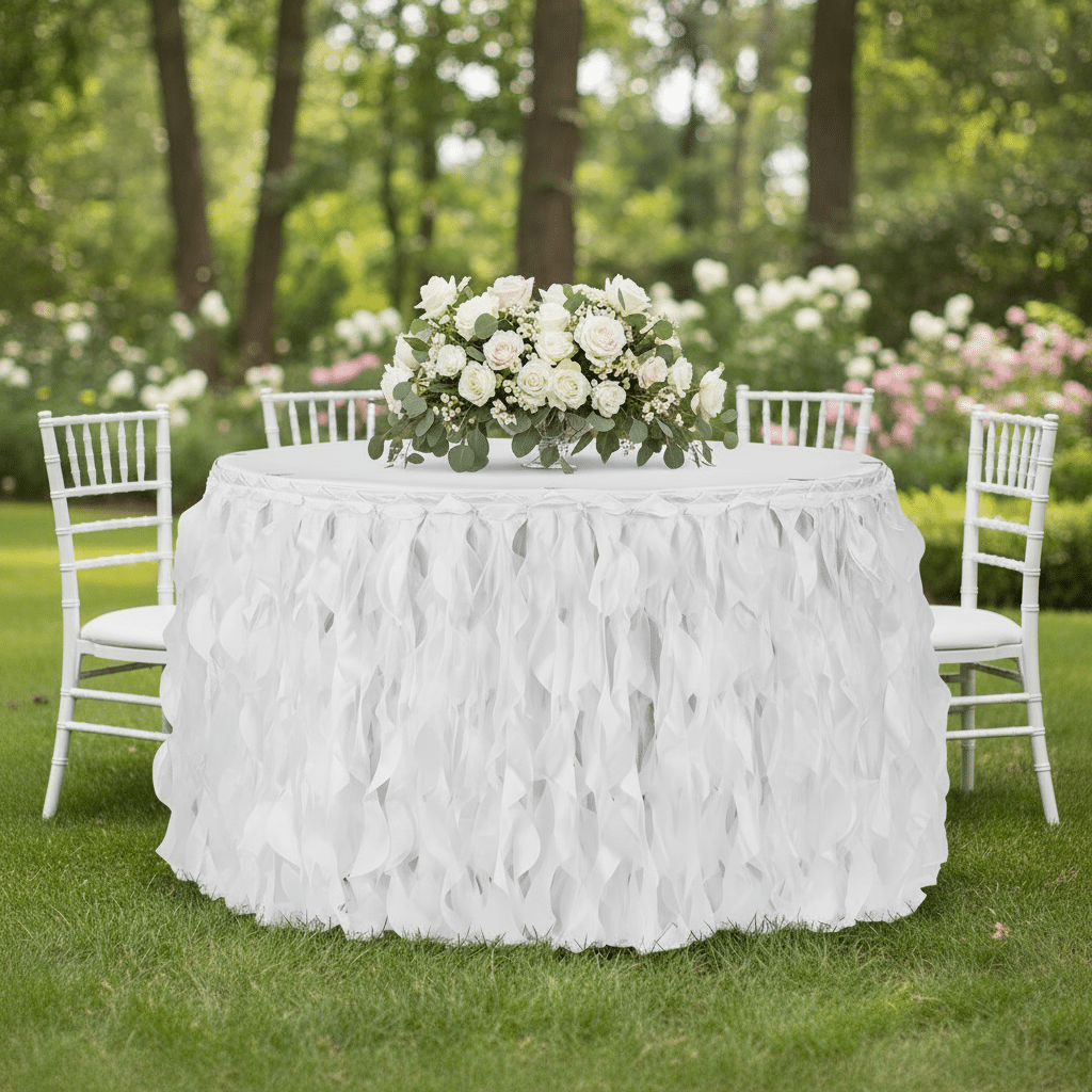 Curly Willow 21ft Table Skirt – White | Rental